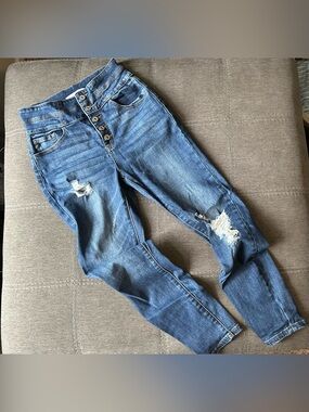 EUC KanCan Women's Skinny High Rise Distressed Button-Fly Jeans - Blue Wash 26